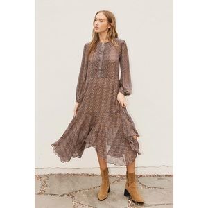 Bohemian Long Sleeve Midi Dress – Lightweight Flowing Patterned Style